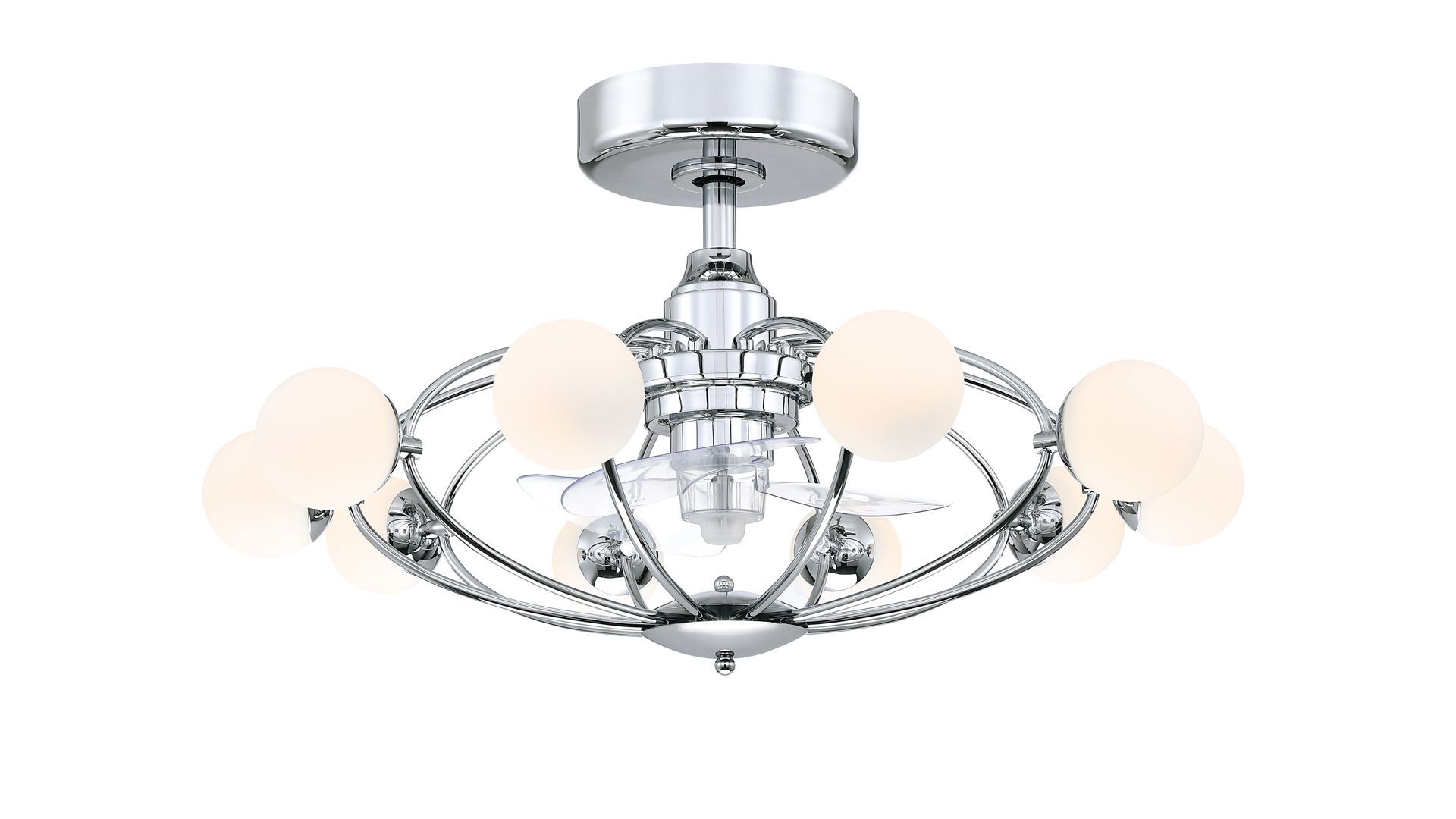 Chrome ceiling fan with frosted globe lights.