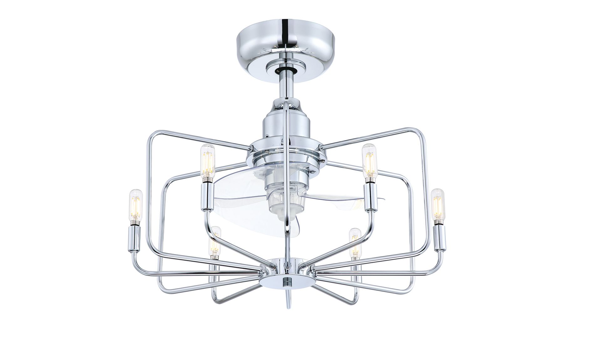 Chrome ceiling fan with six light fixtures and exposed bulbs.