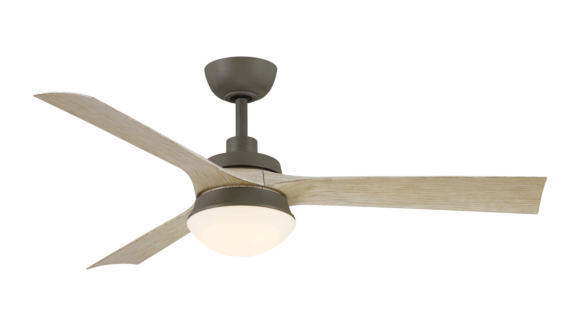Ceiling fan with three light-colored blades, a dark motor housing, and an integrated white globe light.