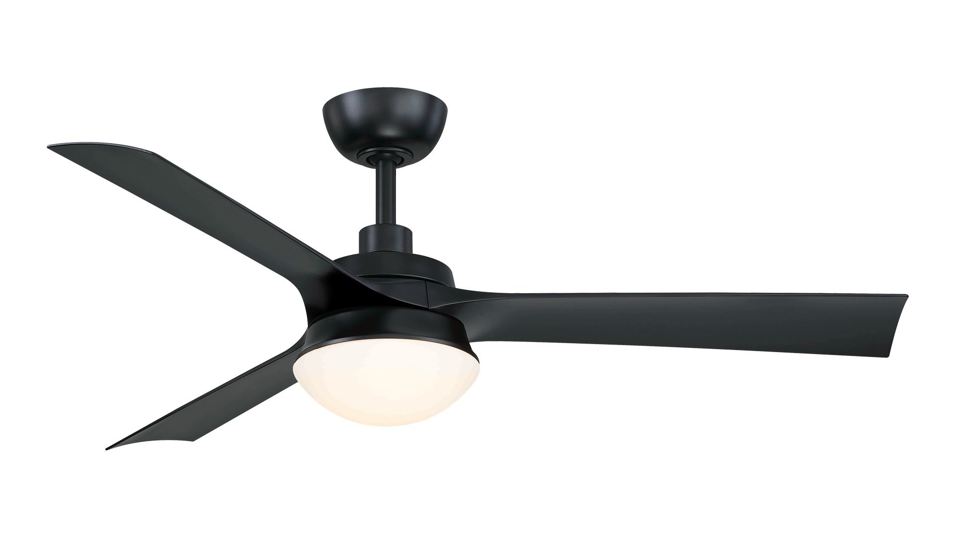 Black ceiling fan with three blades and a round light fixture.