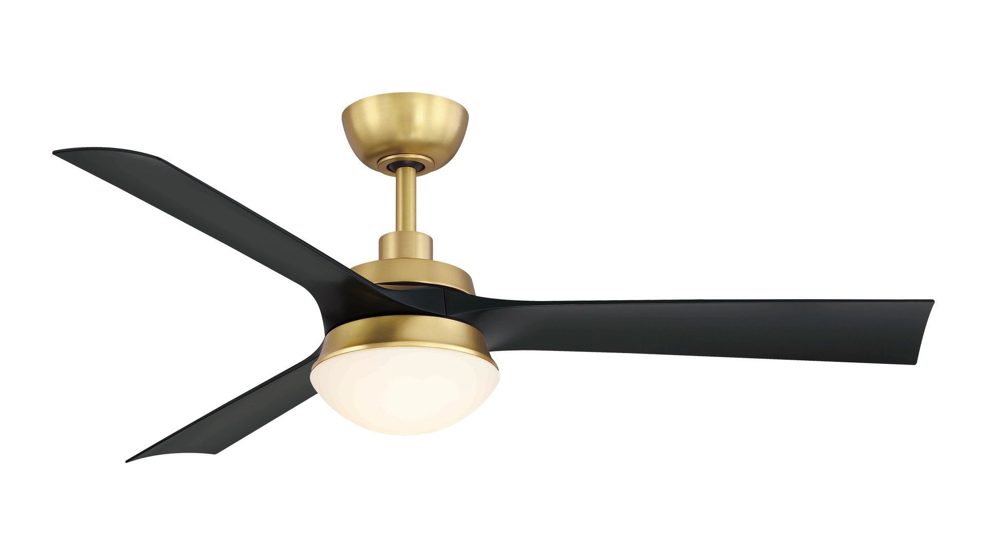 Ceiling fan with black blades, brass accents, and a globe light.