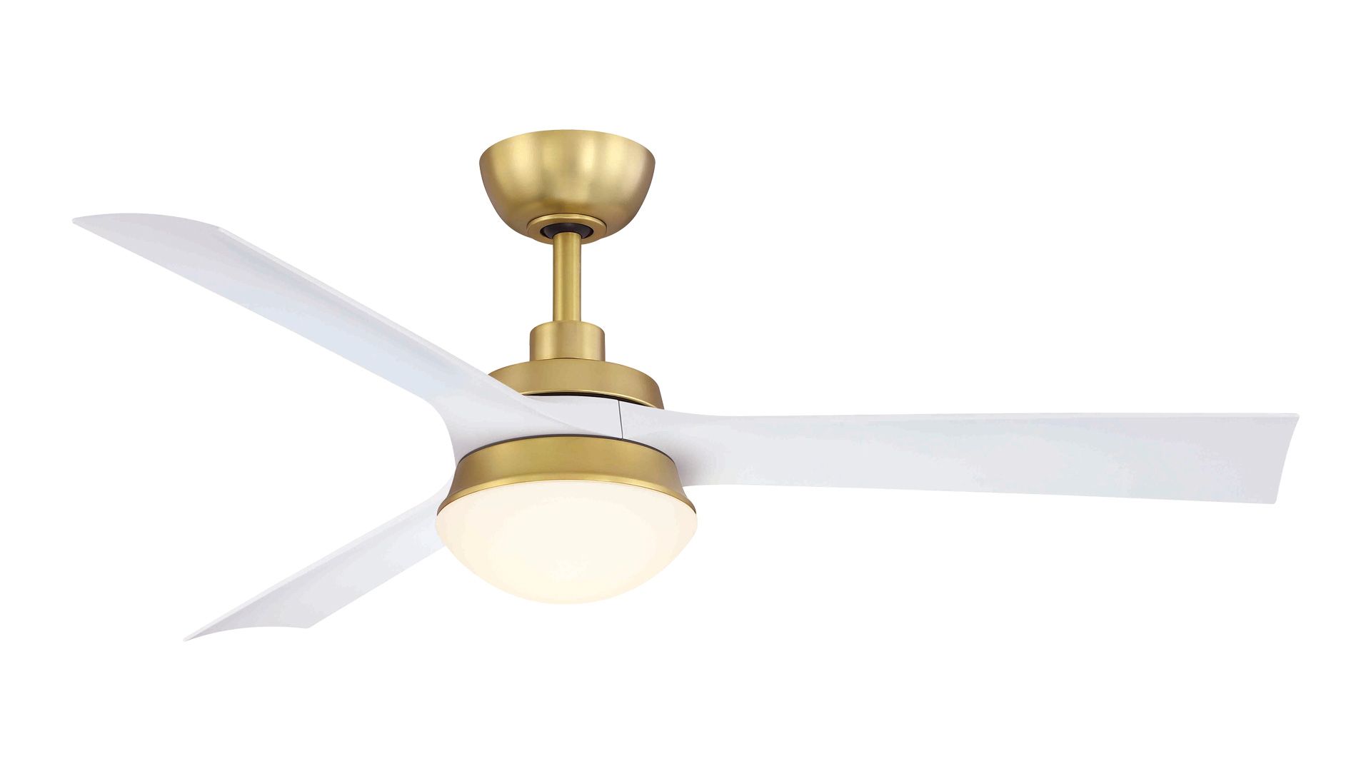 Gold ceiling fan with white blades and a glowing light.