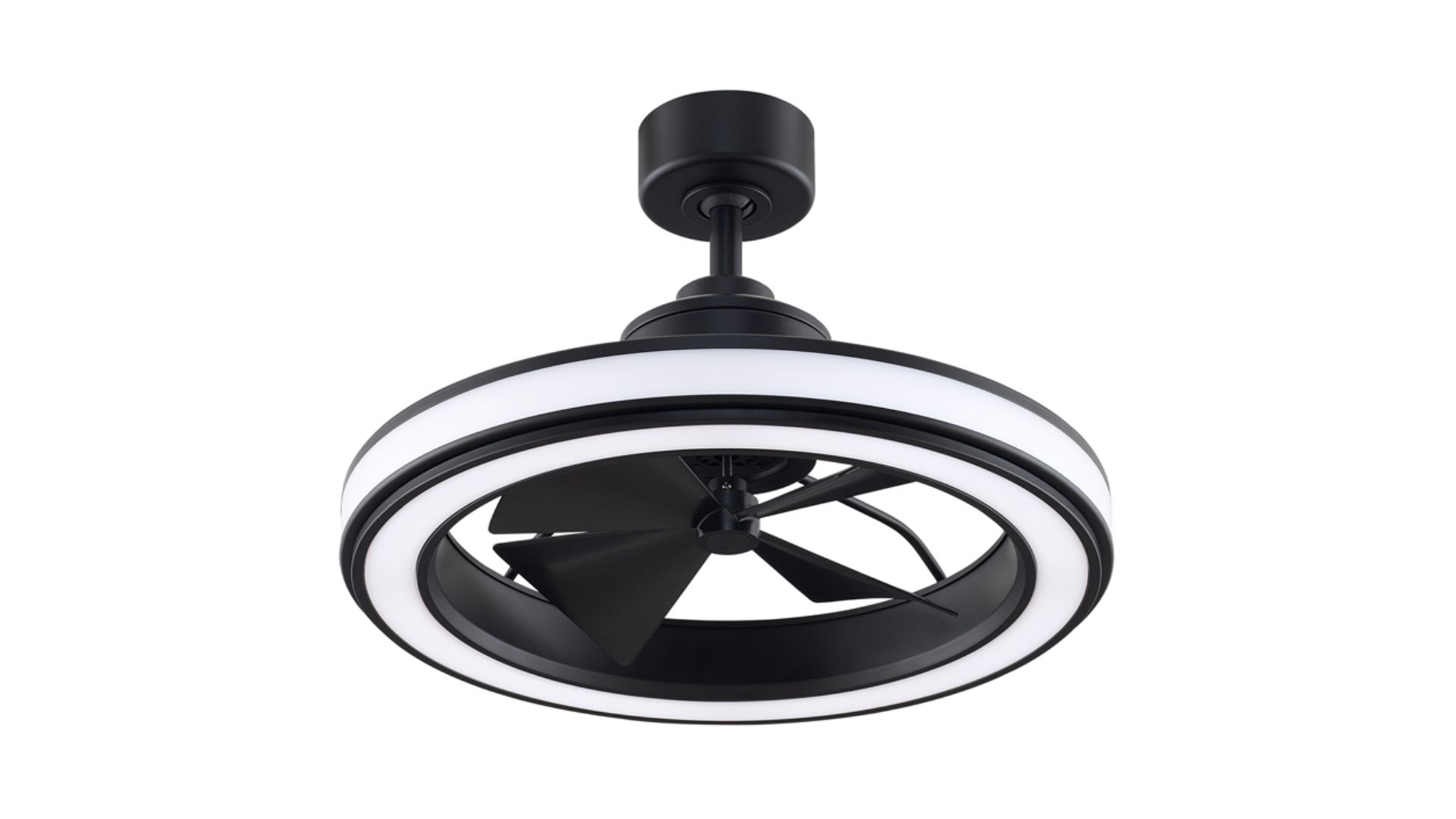 Black ceiling fan with a circular LED light and four blades.