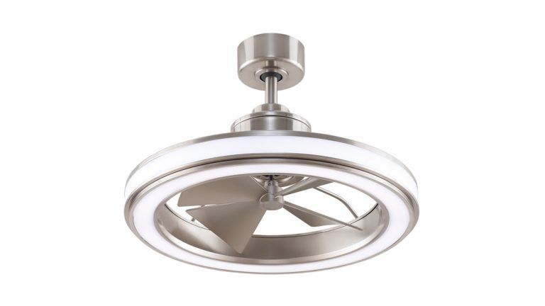 Brushed nickel ceiling fan with integrated LED light ring and angled blades.