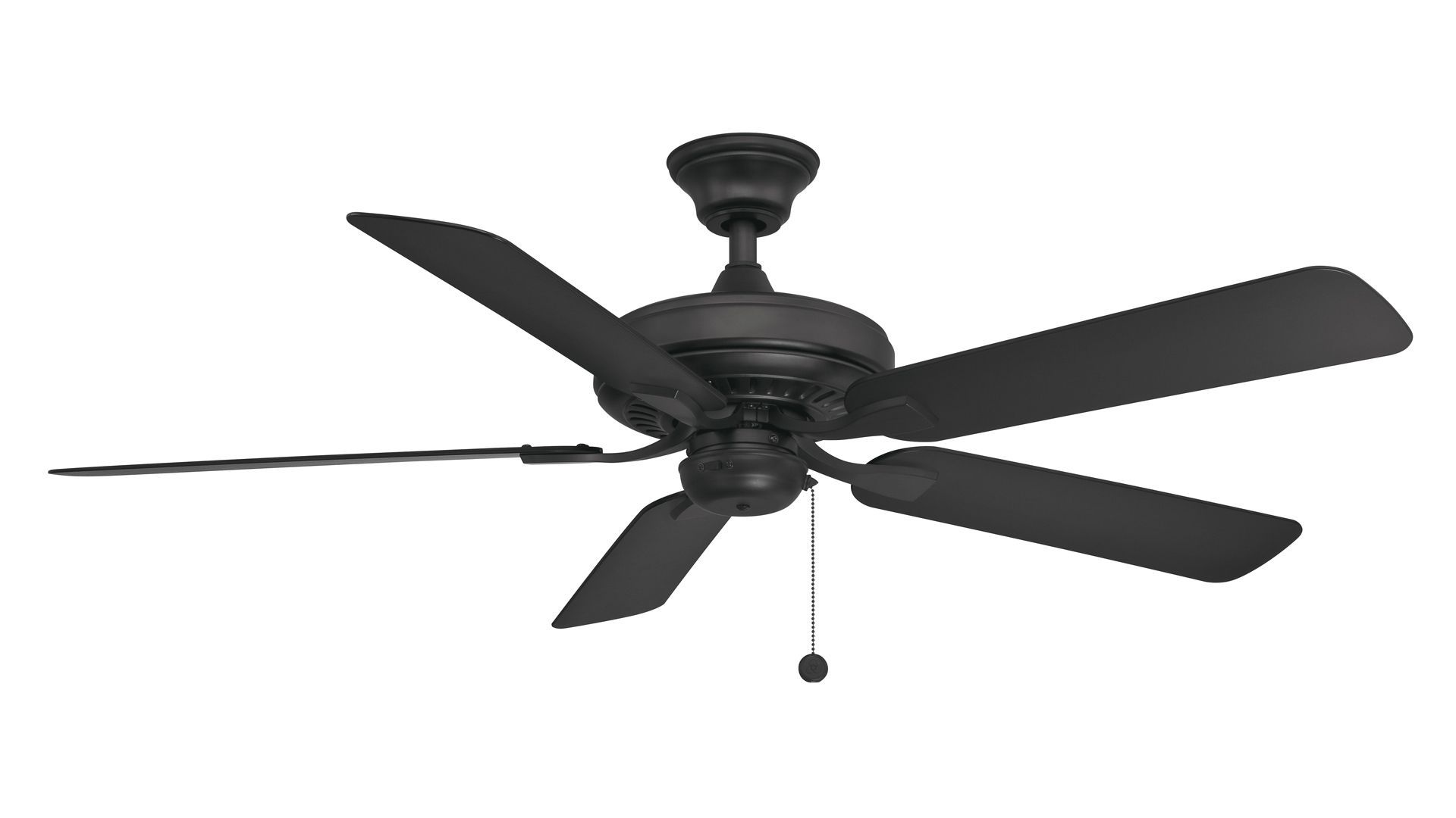 Black ceiling fan with five blades, hanging indoors.
