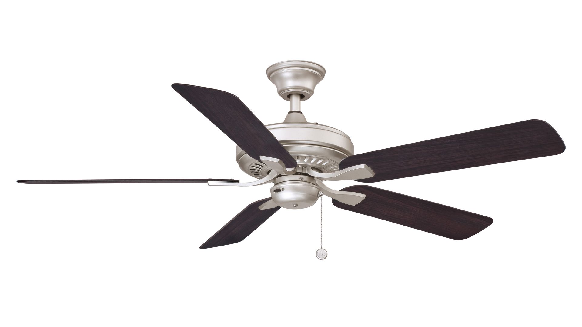 Silver ceiling fan with five dark brown blades against a white background.