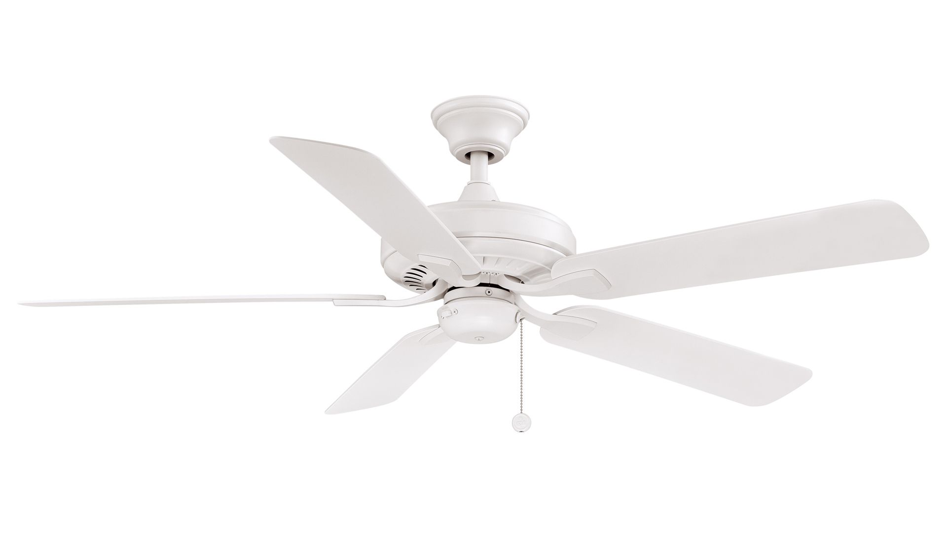 White ceiling fan with five blades, viewed from an angle against a white background.