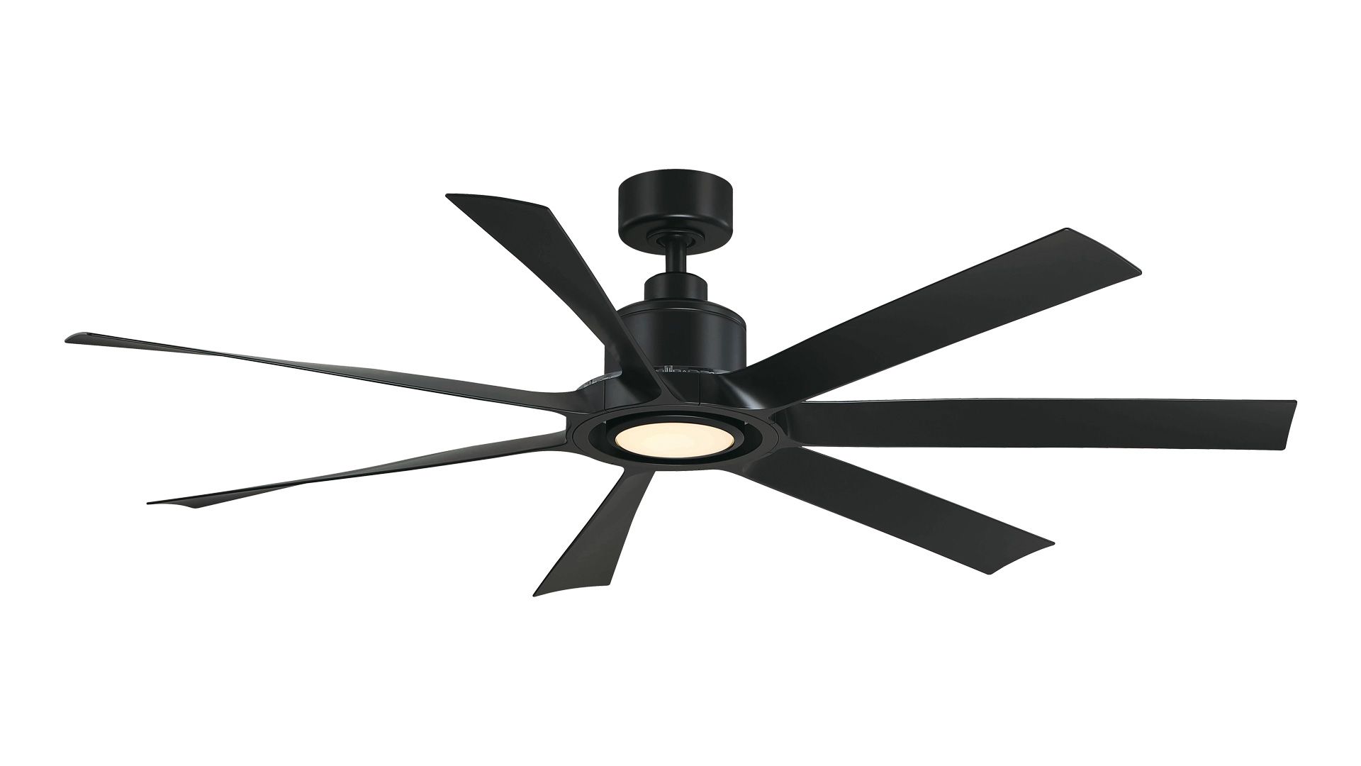 Black ceiling fan with six blades and integrated light.