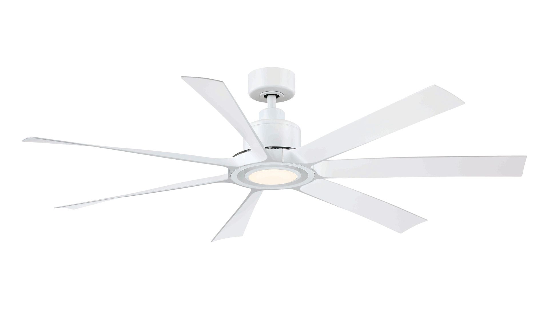 White ceiling fan with six blades and a central light fixture, against a white background.