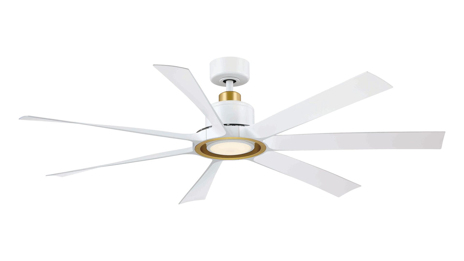 White ceiling fan with gold accents and six blades, on a white background.