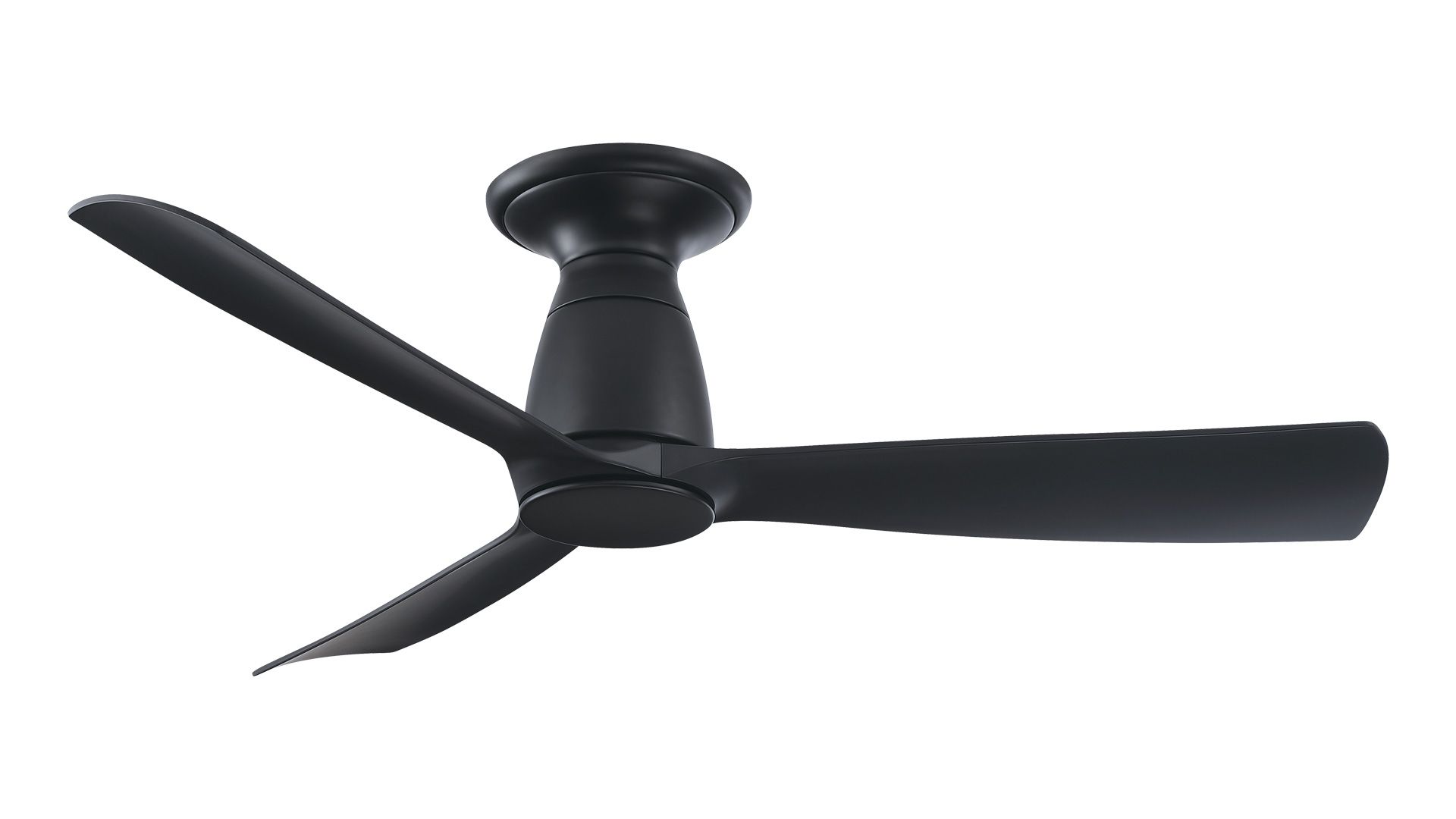 Black ceiling fan with three blades.