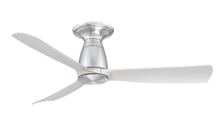 Silver ceiling fan with three white blades.