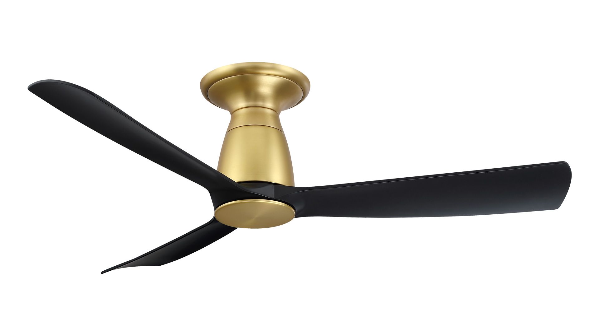 Black and gold ceiling fan with three blades.