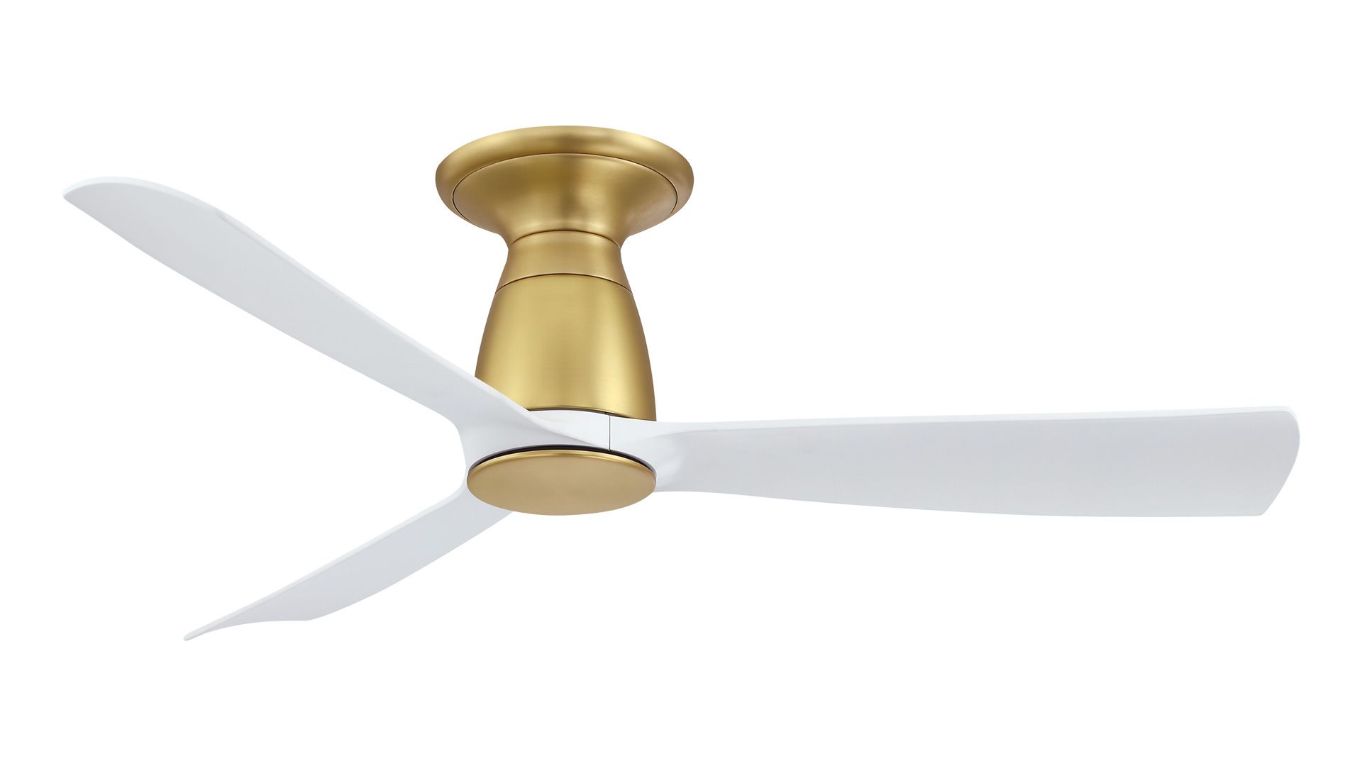 Gold and white ceiling fan with three blades.