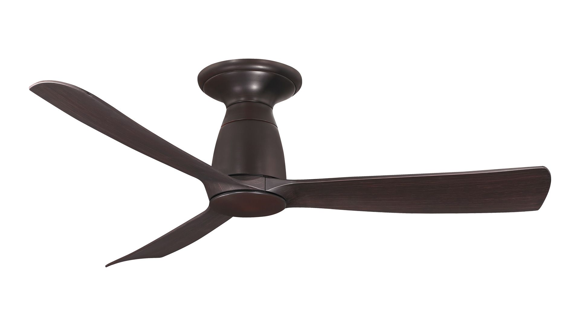 Dark brown three-blade ceiling fan, flush-mounted, against a white background.