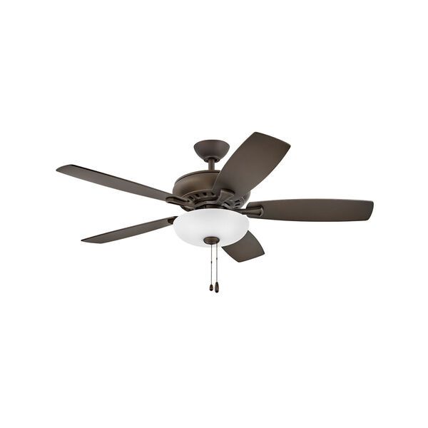 Brown ceiling fan with five blades and a light fixture.