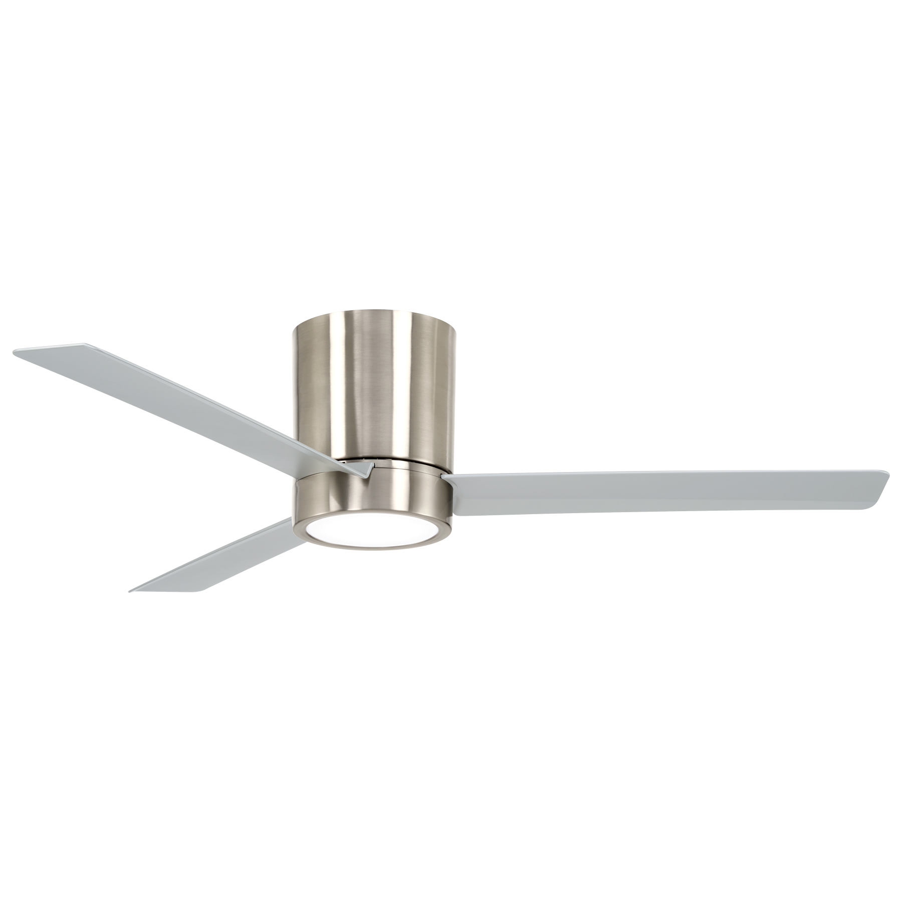 Brushed nickel ceiling fan with three light gray blades.