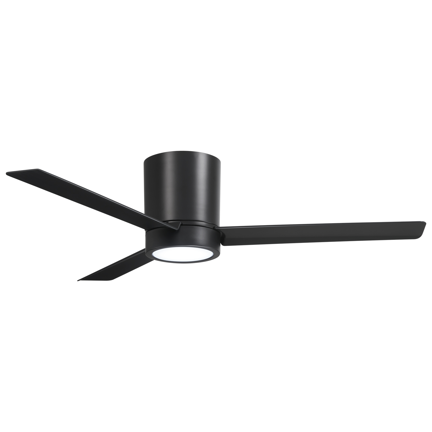 Black, modern ceiling fan with three blades and an integrated light.