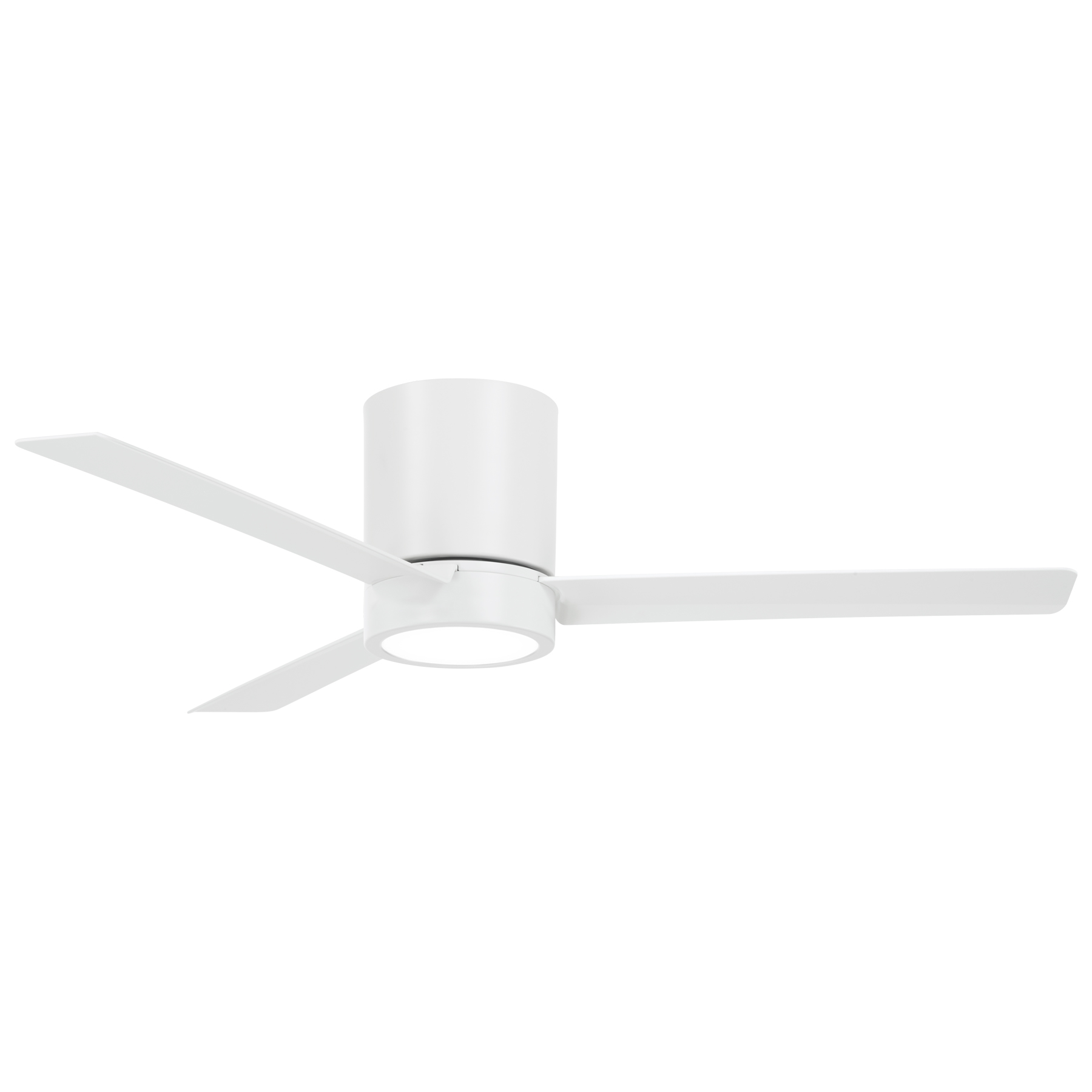 White ceiling fan with three blades and integrated light.