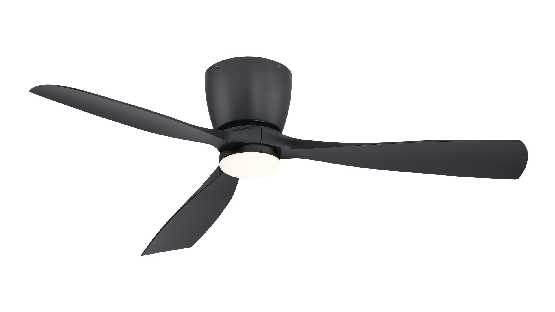 Black ceiling fan with three blades and a light.
