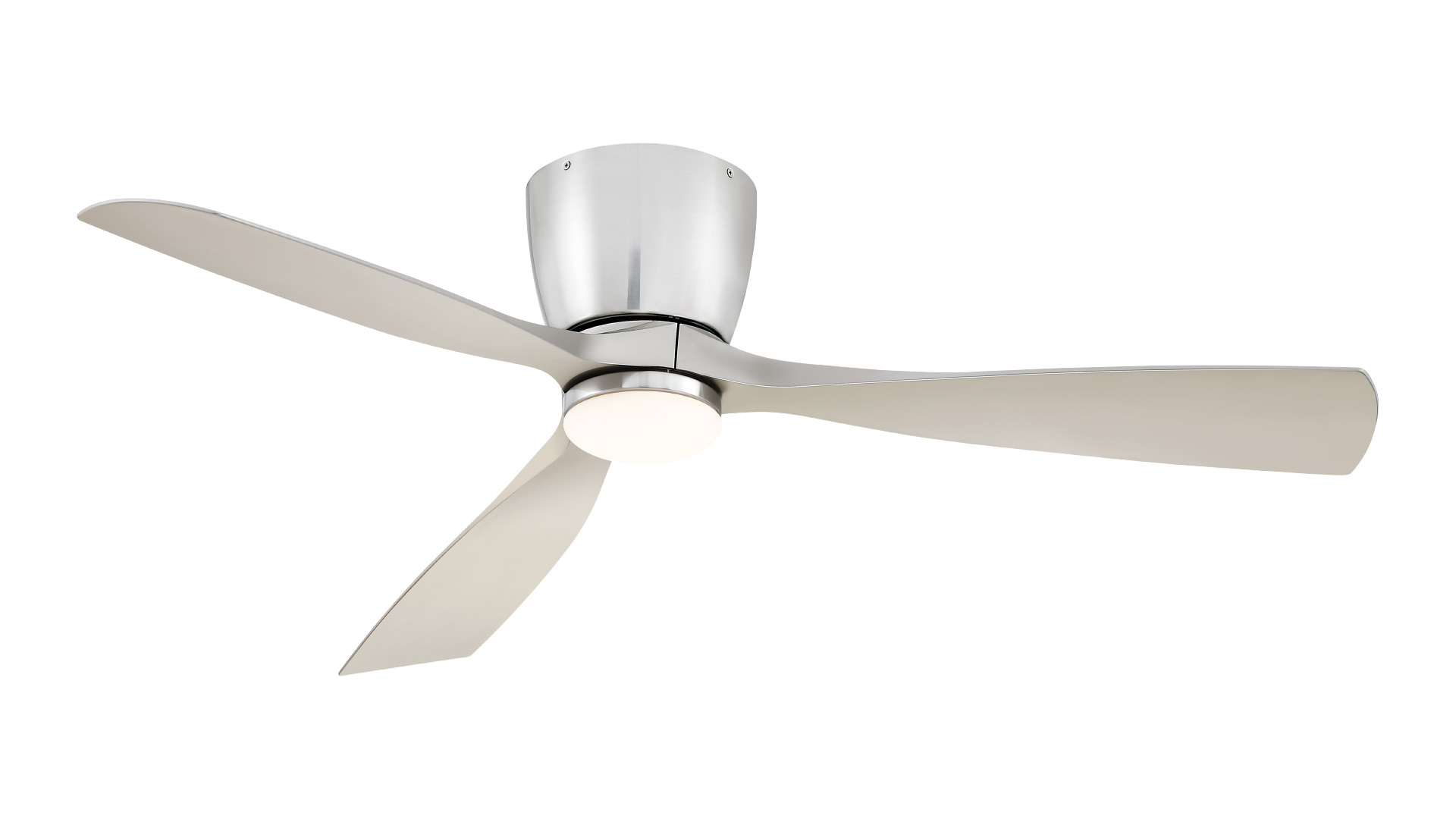Silver ceiling fan with three blades, and a light.