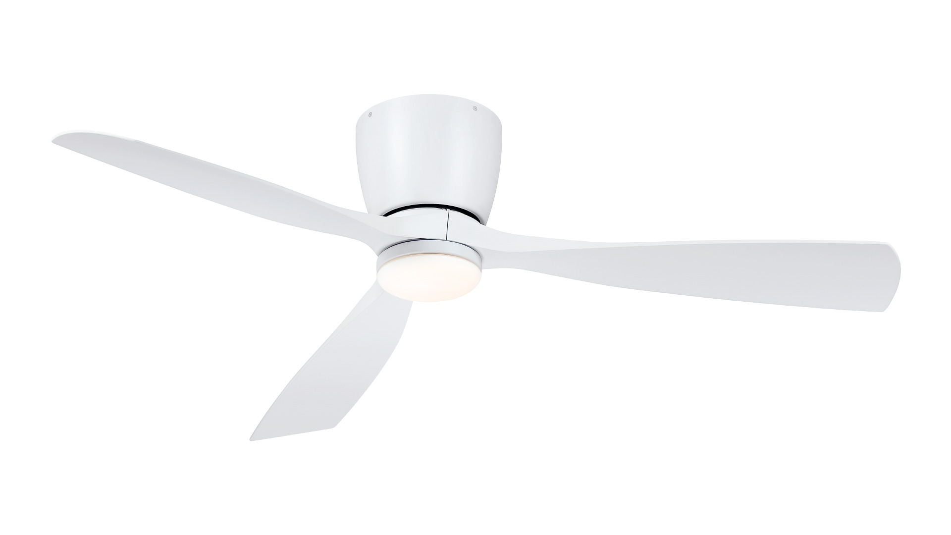 White ceiling fan with three blades and integrated light.