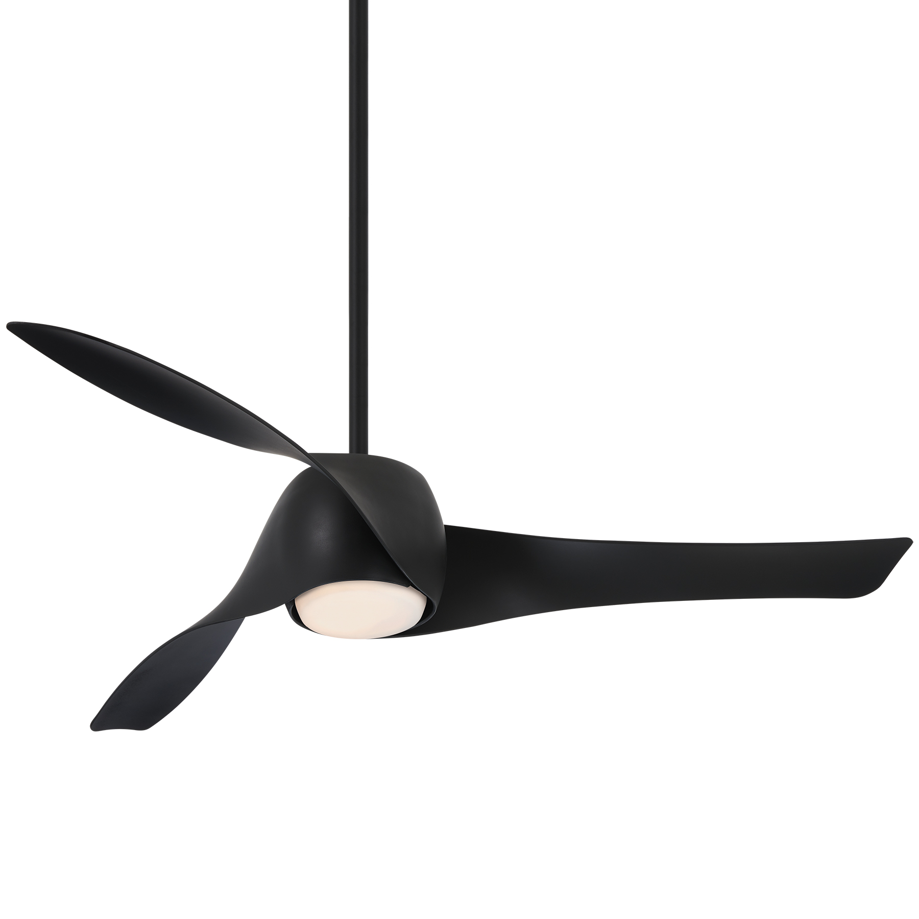 Black ceiling fan with three curved blades and an integrated light.