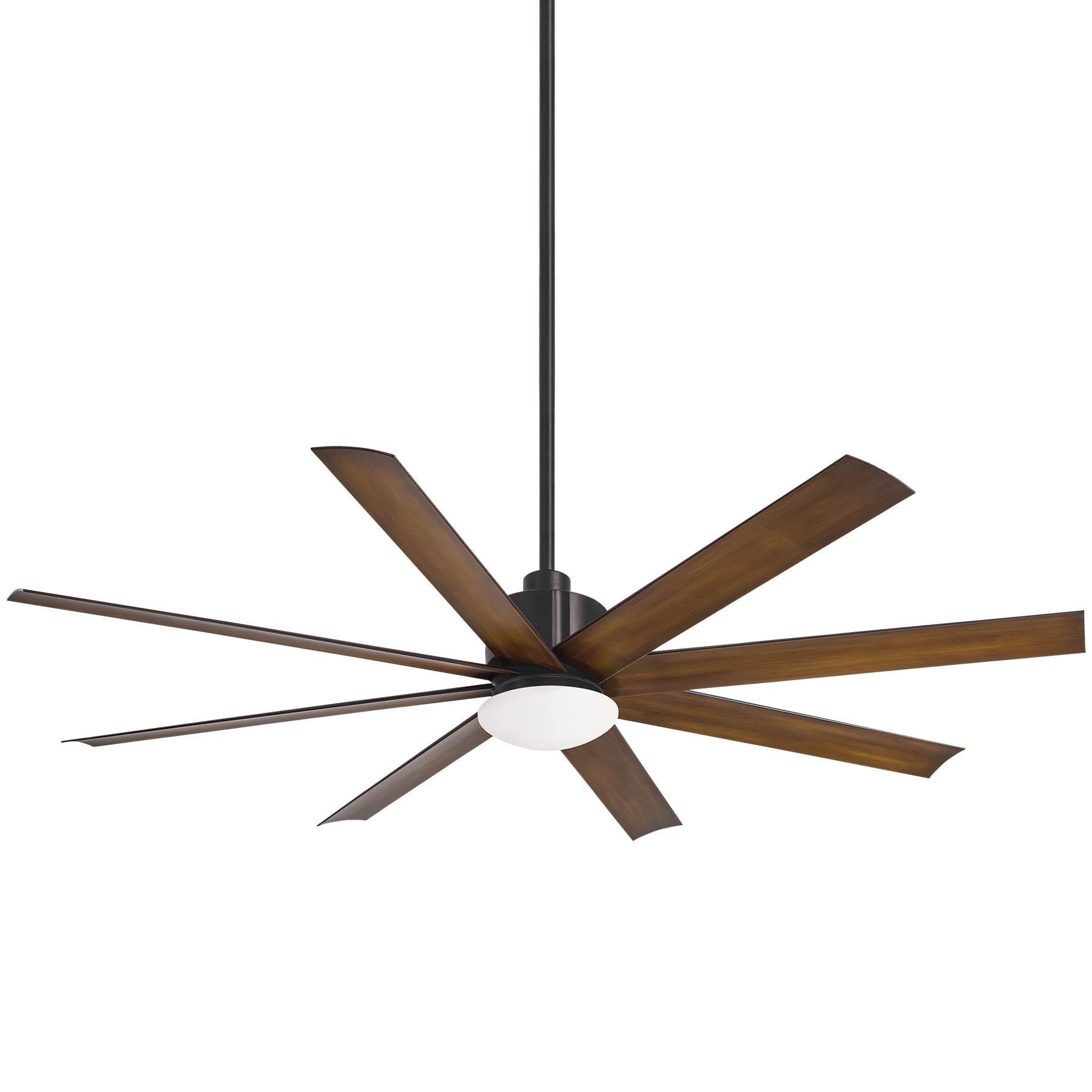 Ceiling fan with dark blades and a central light fixture.