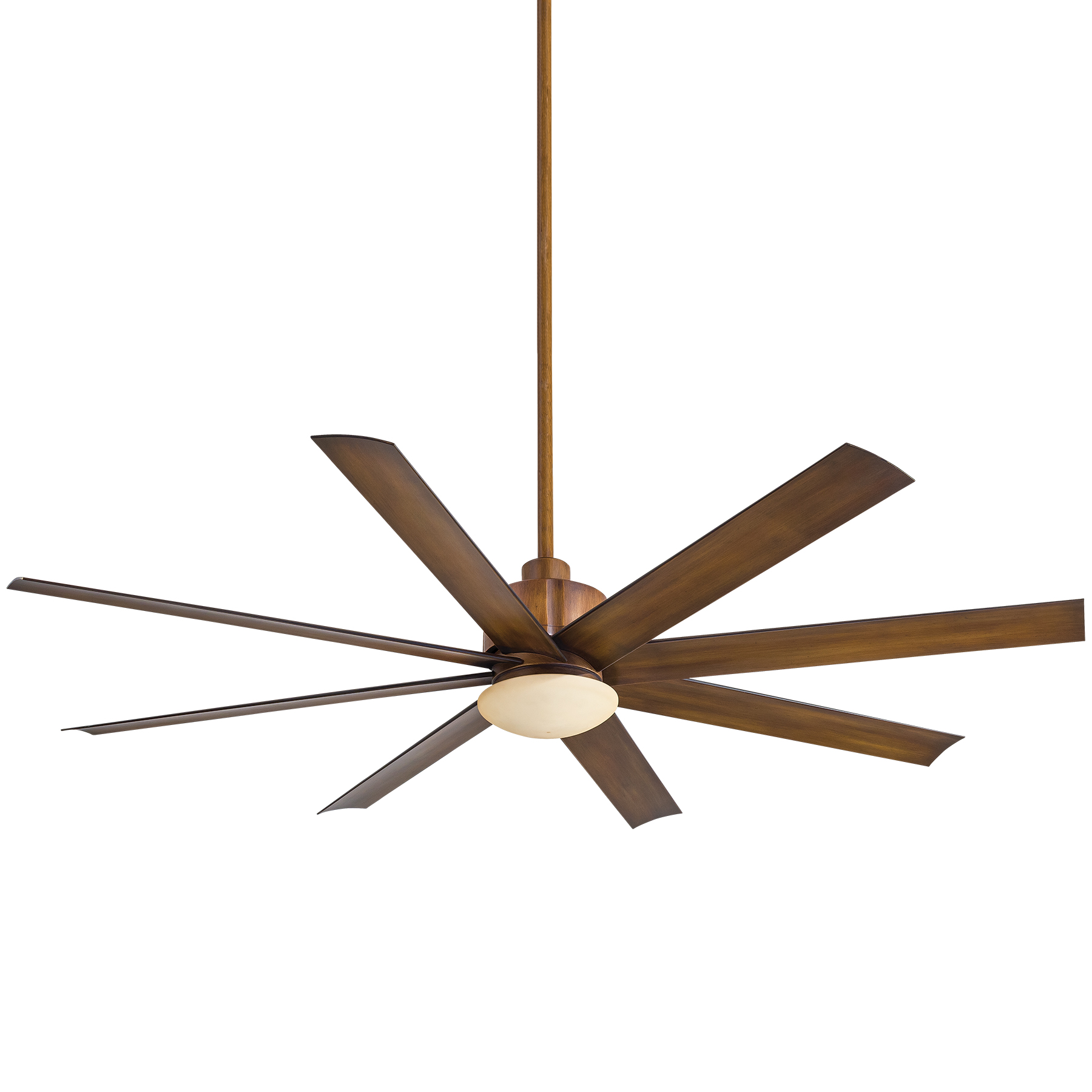 Ceiling fan with eight dark wooden blades and a central light fixture, bronze finish.