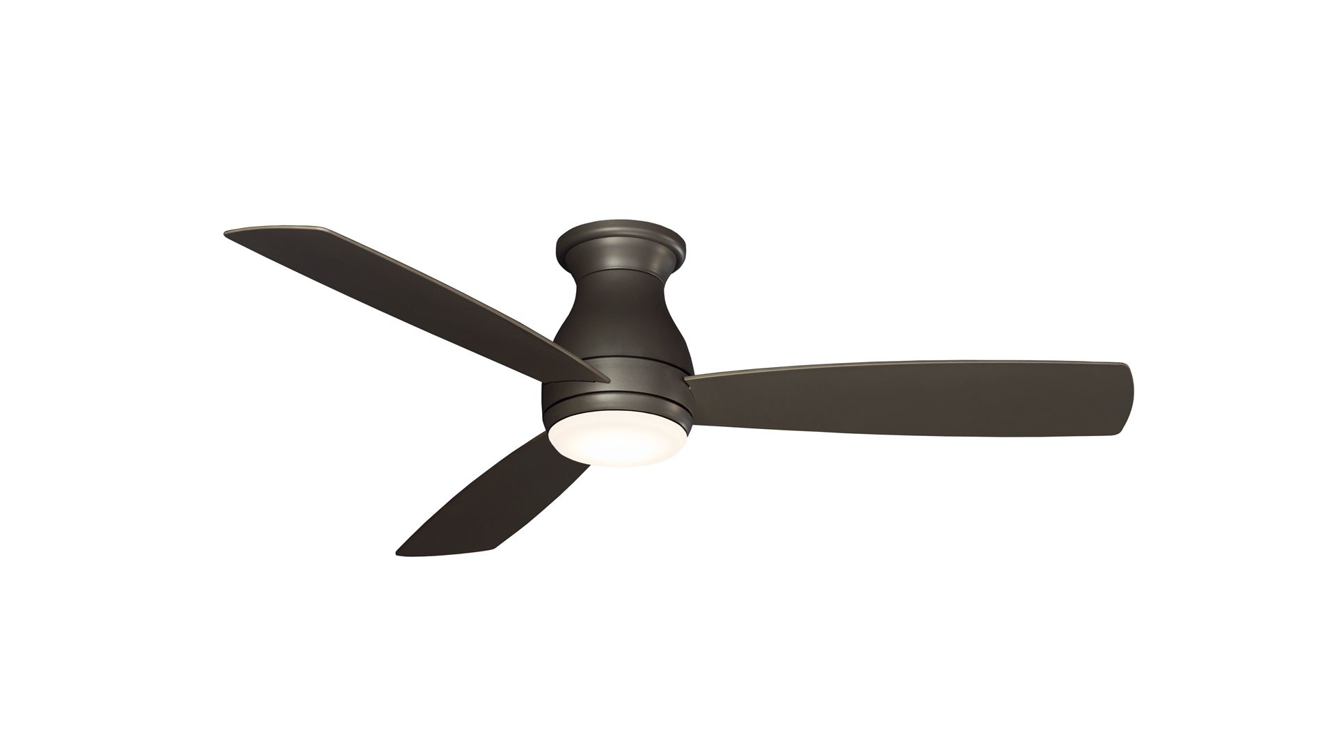 Dark bronze ceiling fan with three blades and an integrated light.