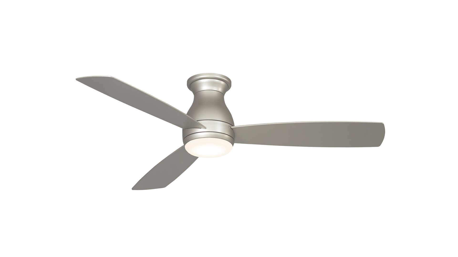 Silver ceiling fan with three blades and integrated light.