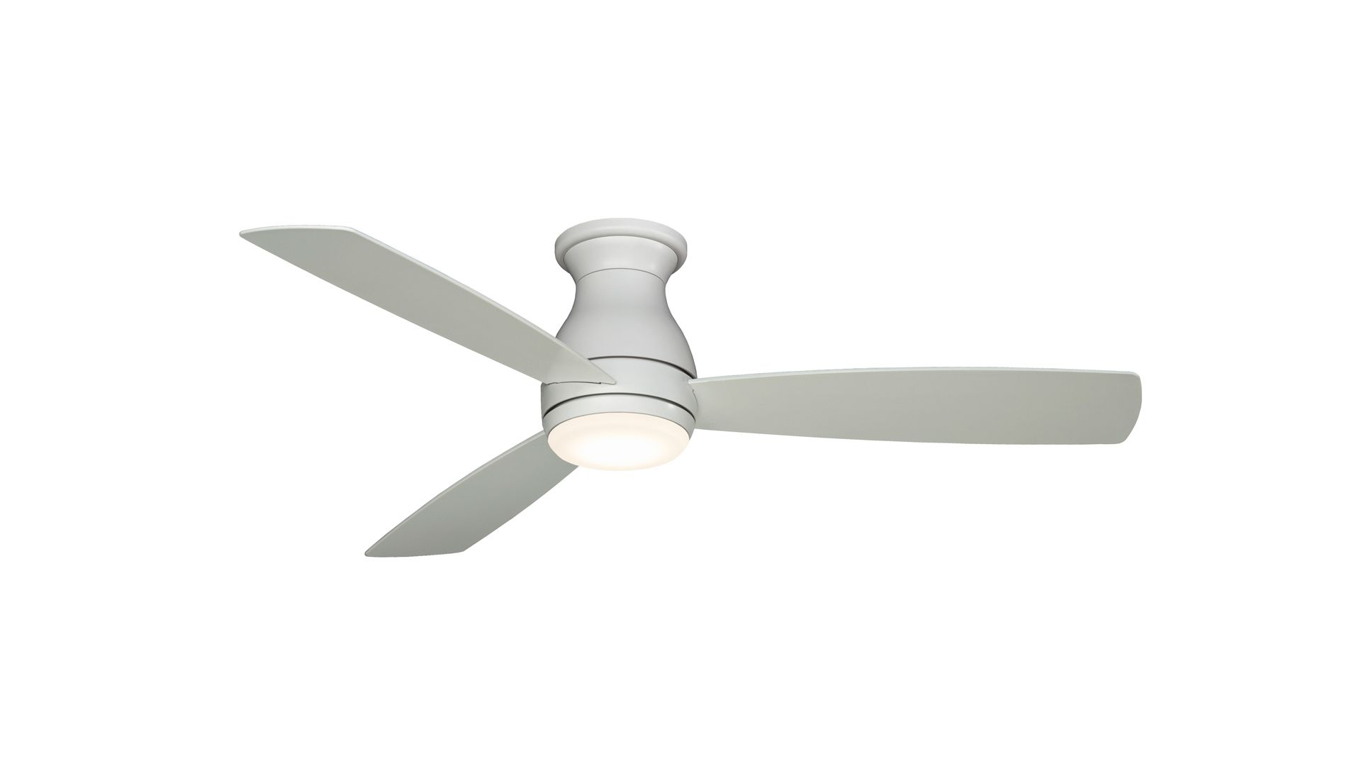 White ceiling fan with three blades and an integrated light.