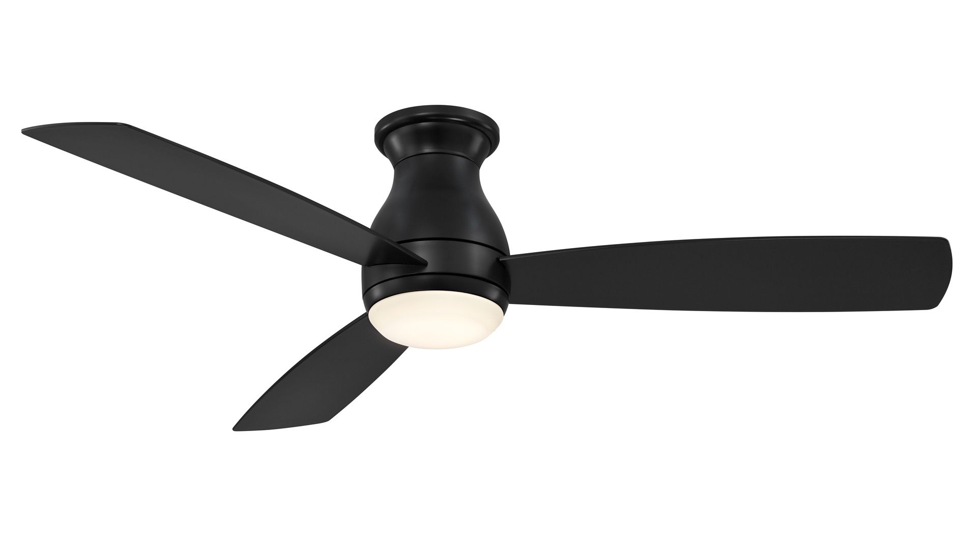 Black ceiling fan with three blades and an integrated light fixture.