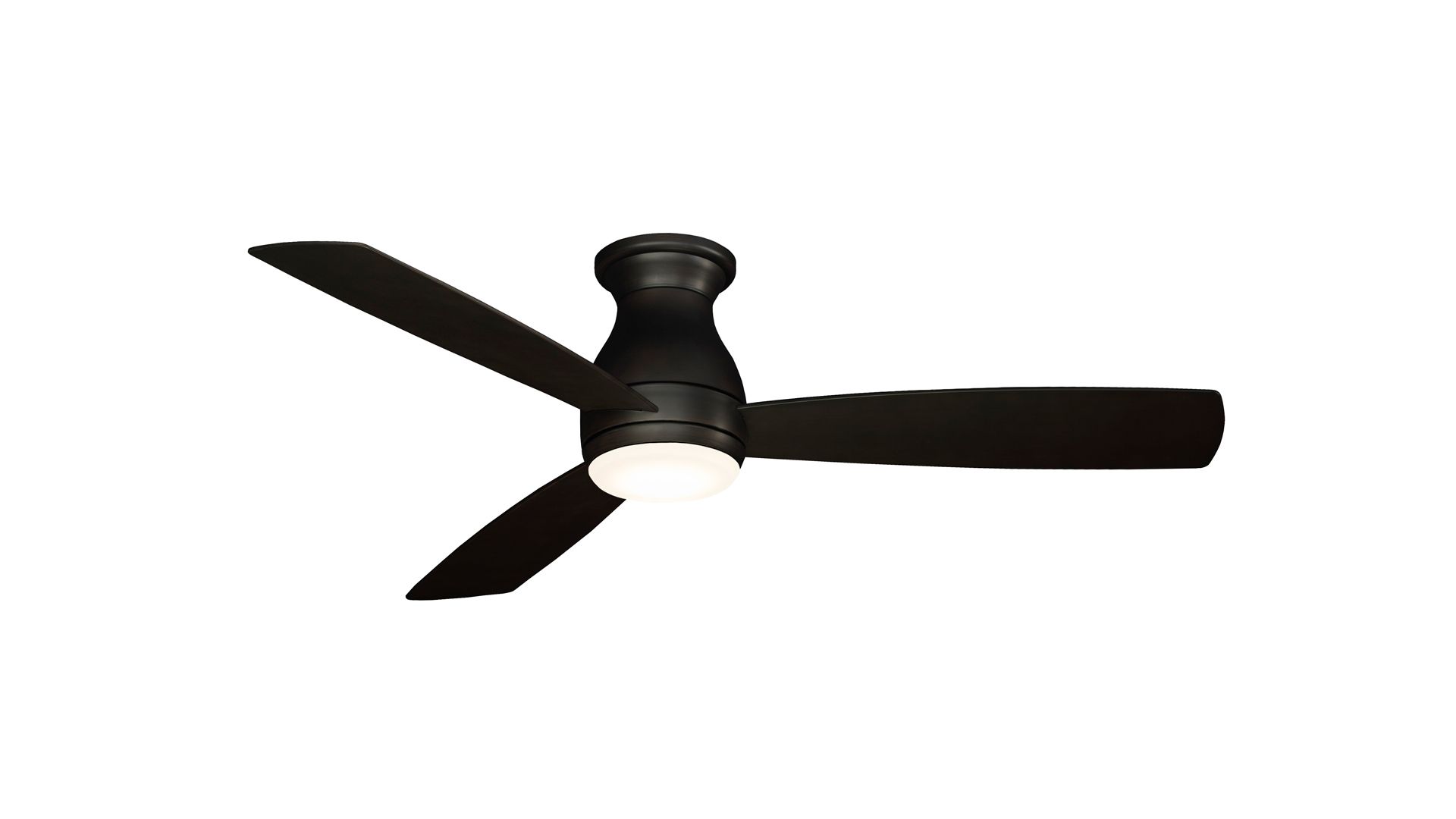 Black ceiling fan with three blades and a center light.