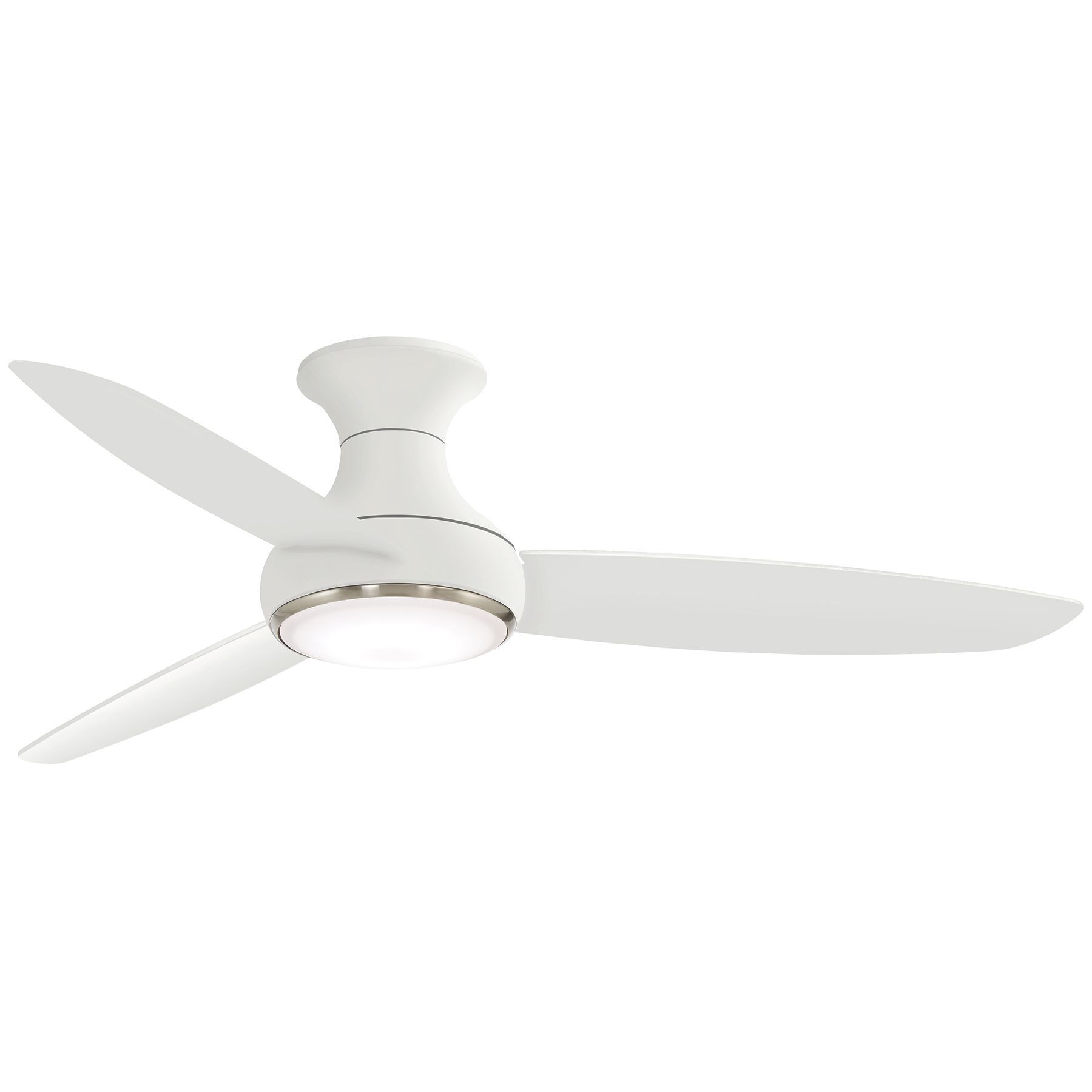 White ceiling fan with three blades and integrated light.