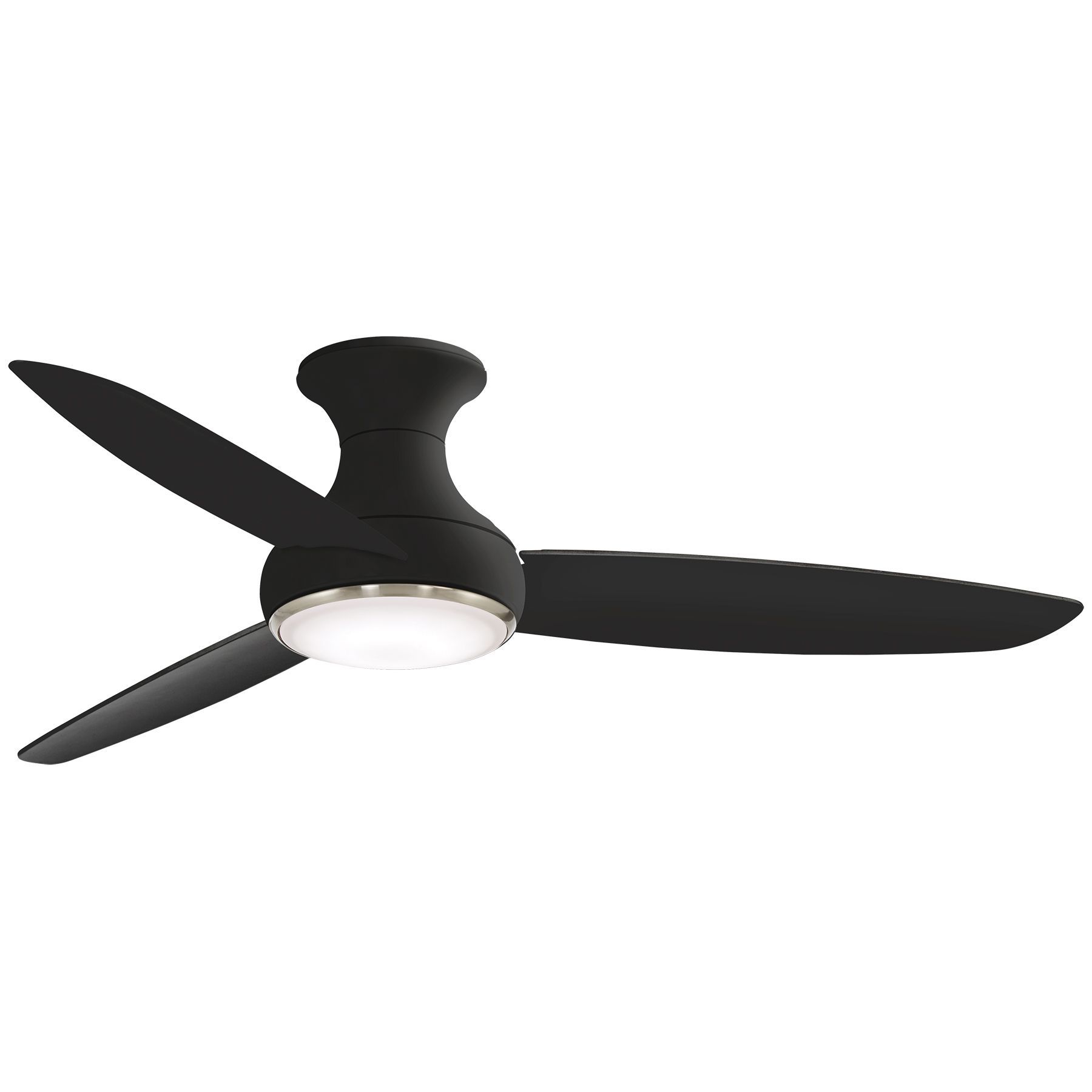 Black ceiling fan with three blades, a light, and a sleek design.