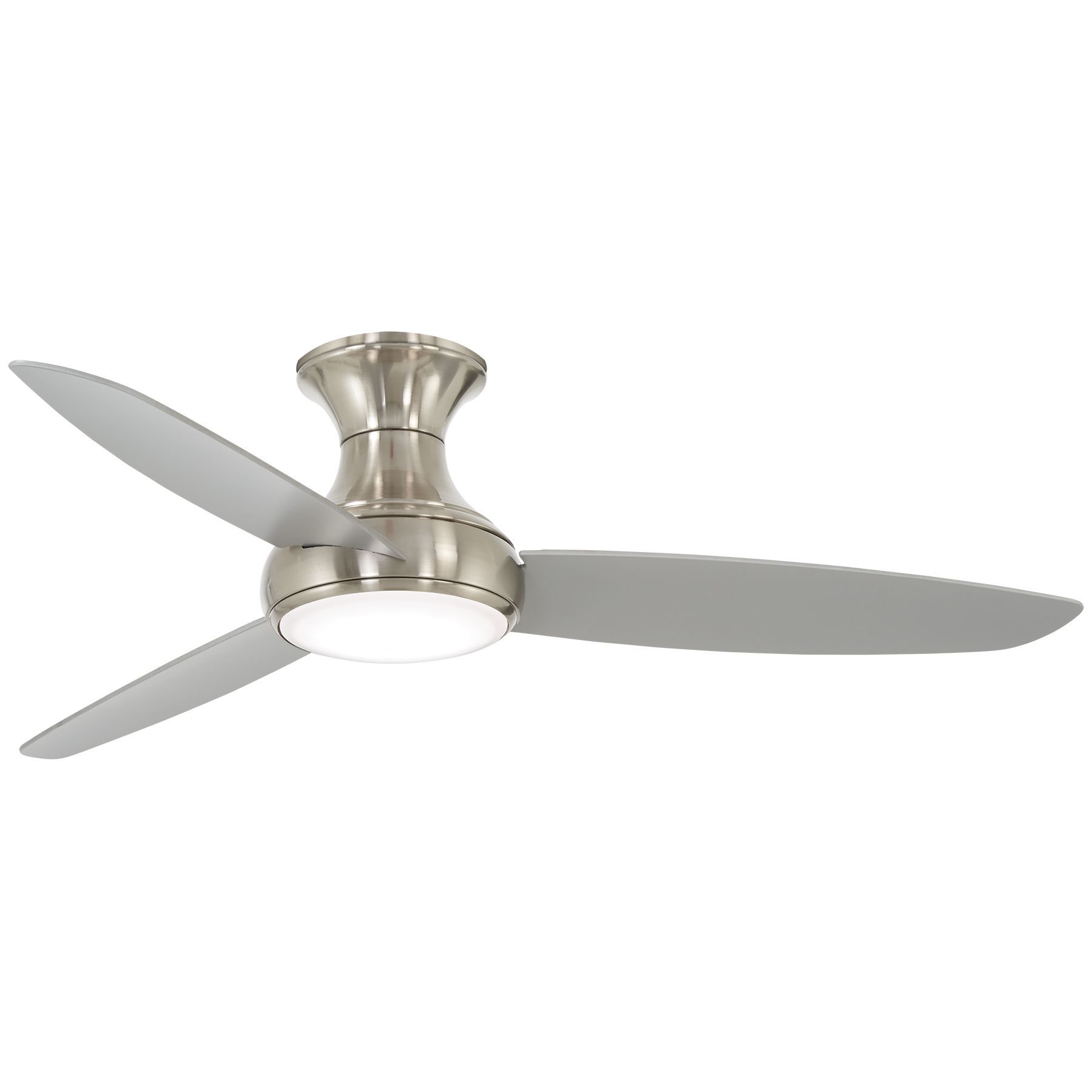 Brushed nickel ceiling fan with three silver blades and an integrated LED light.