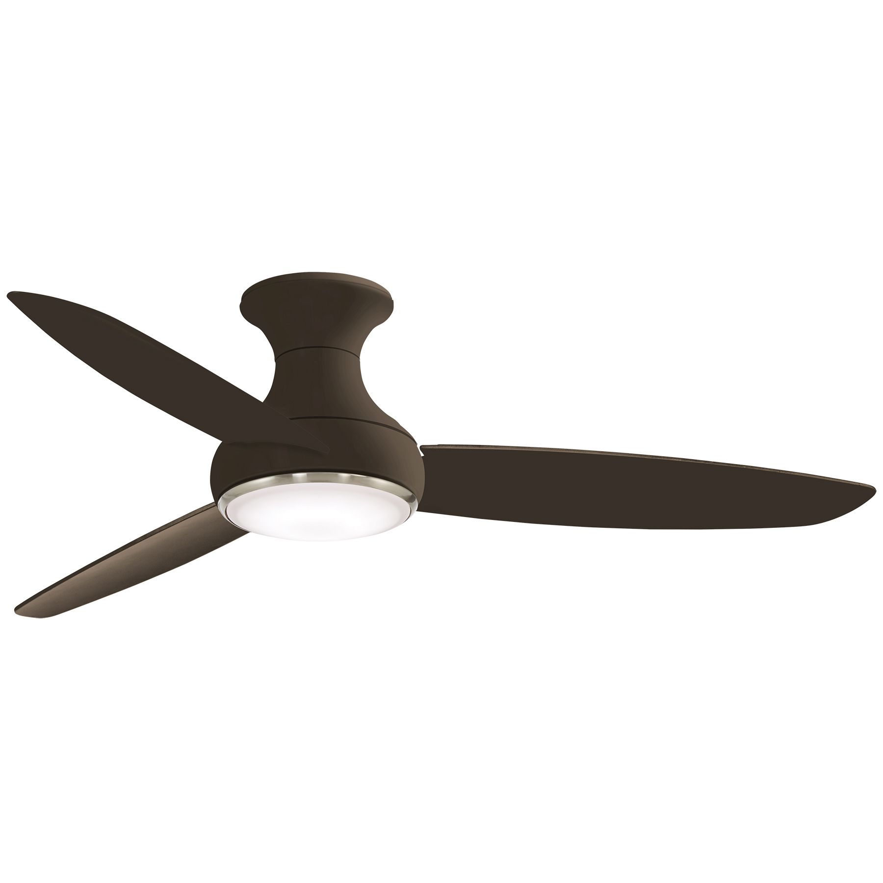 Brown ceiling fan with three blades and integrated LED light.