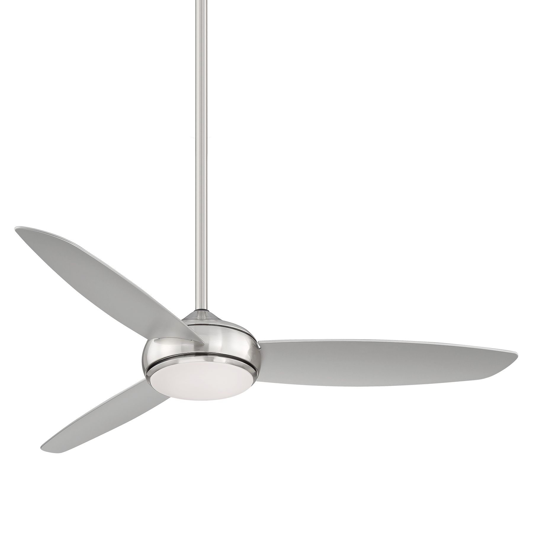 Silver ceiling fan with three blades, light fixture, and downrod.