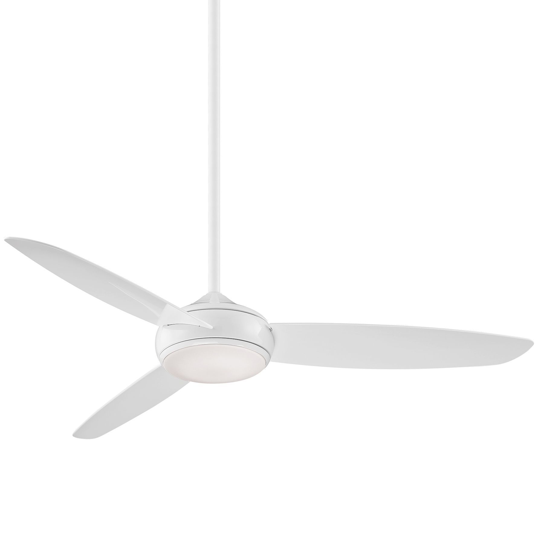 White ceiling fan with three blades and a central light fixture, hanging from the ceiling.
