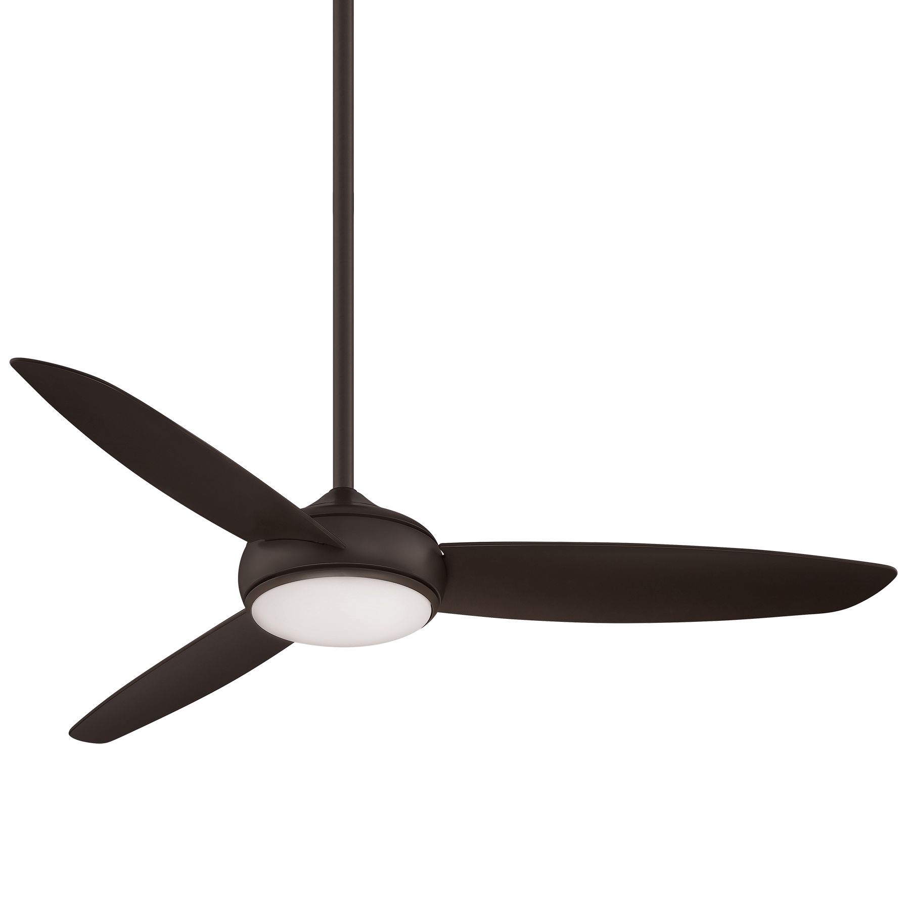 Dark bronze ceiling fan with three blades and integrated LED light.