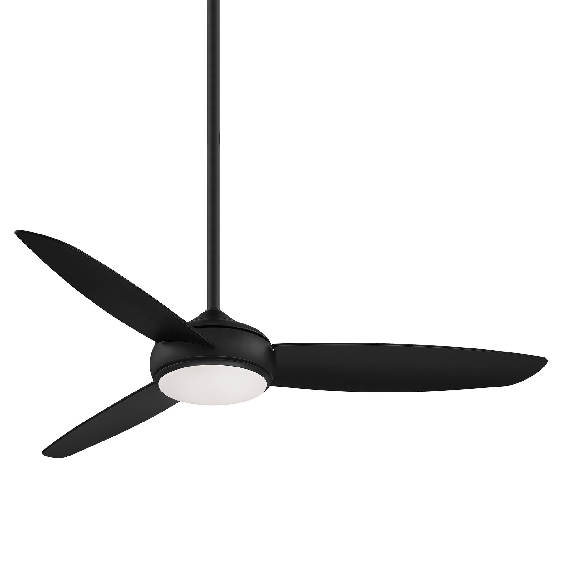 Black ceiling fan with three blades, integrated light, and long black downrod.