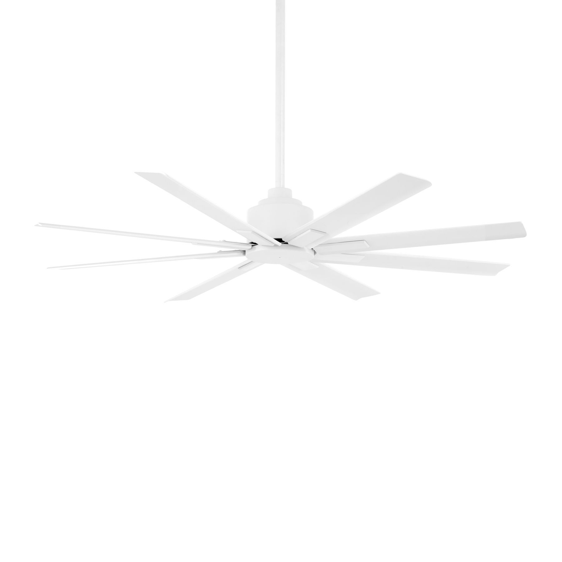 White ceiling fan with eight blades, hanging from a white rod.