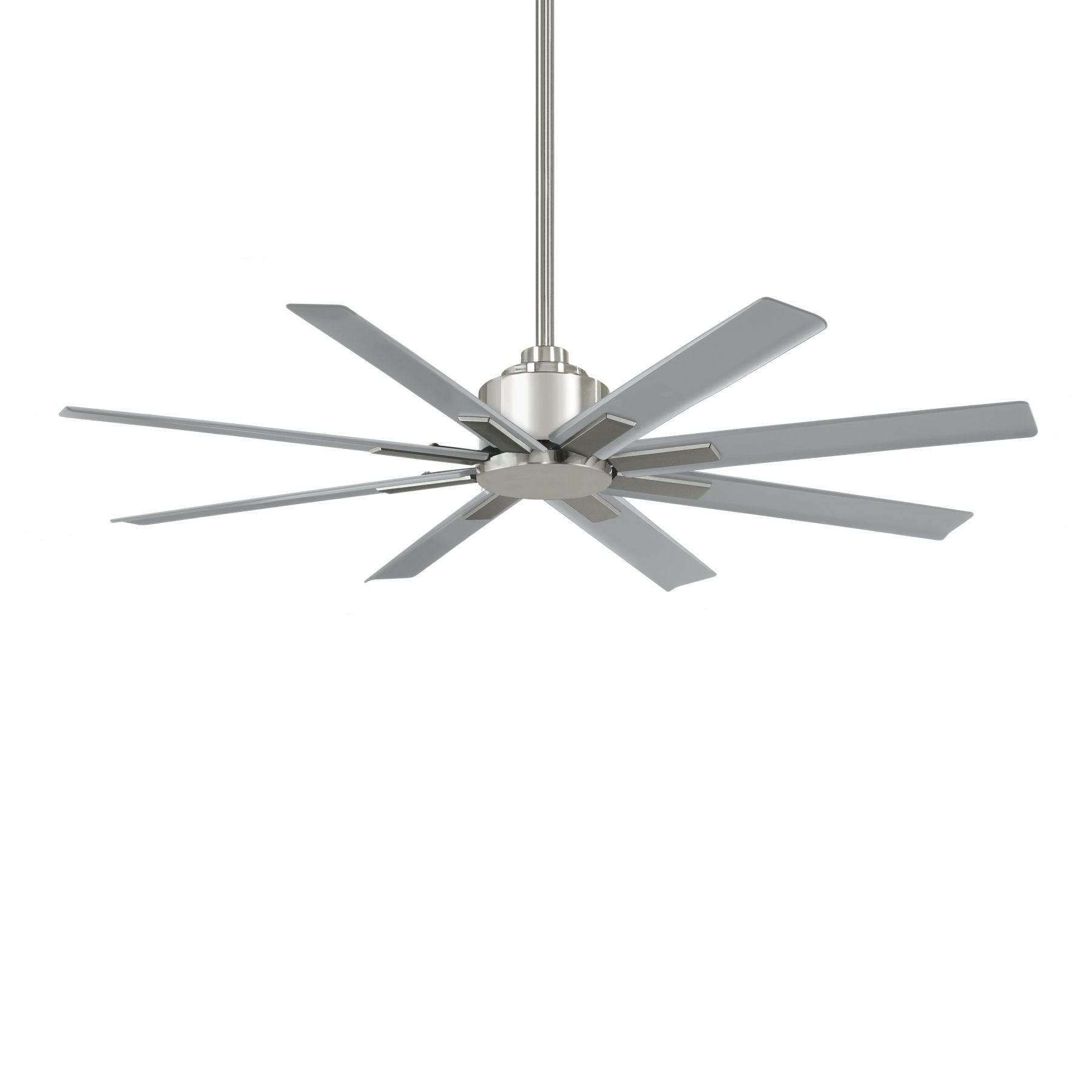 Brushed nickel ceiling fan with eight gray blades, suspended from a white ceiling.