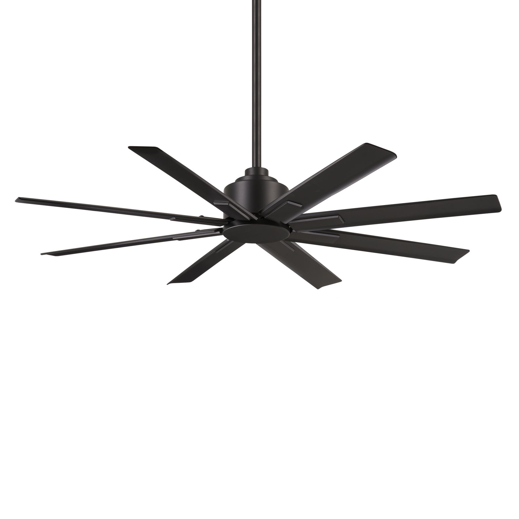 Dark bronze ceiling fan with 10 blades, hanging from a white ceiling.