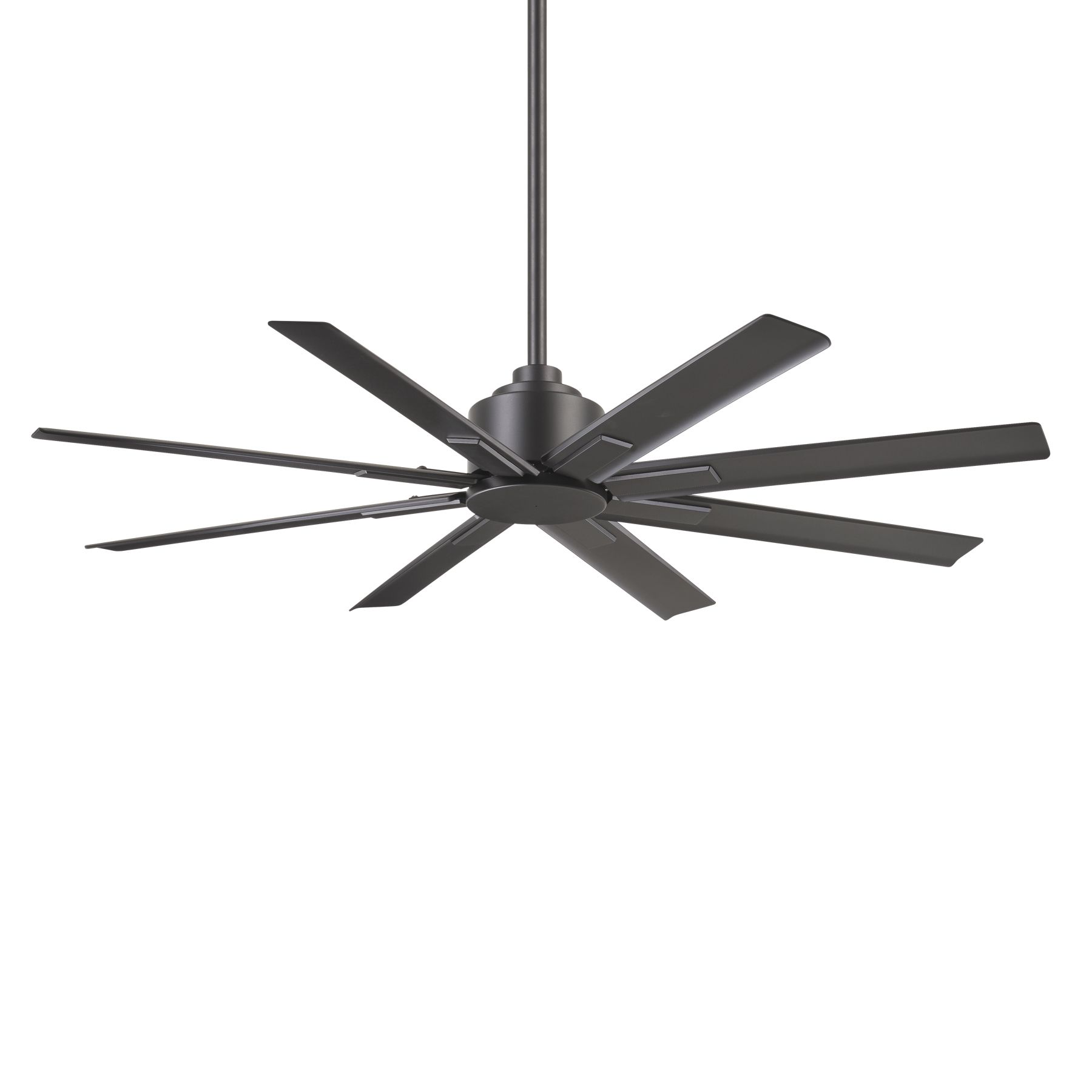 Black ceiling fan with eight blades, centered, hanging from a rod.