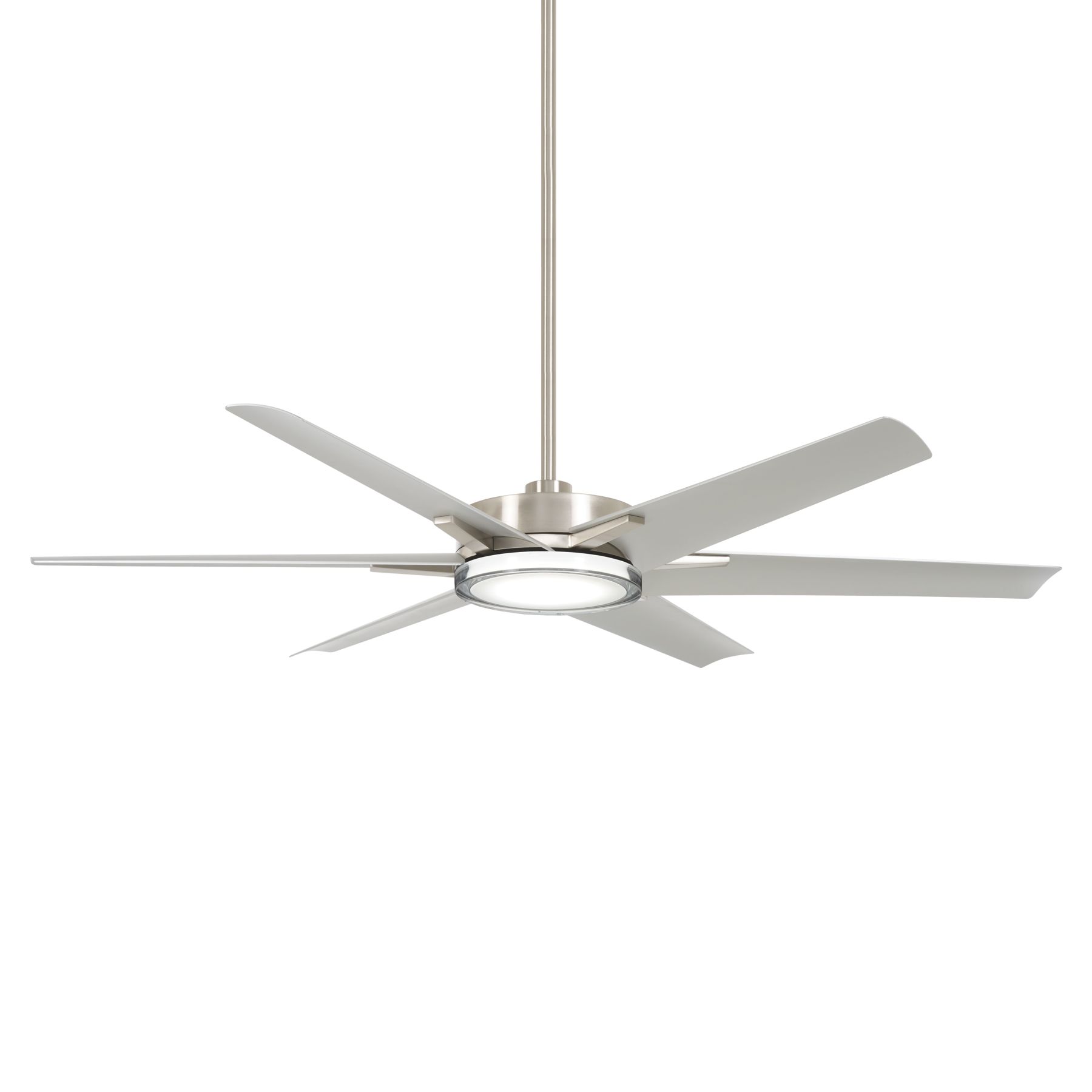 Modern ceiling fan with six blades and an integrated light, silver finish.