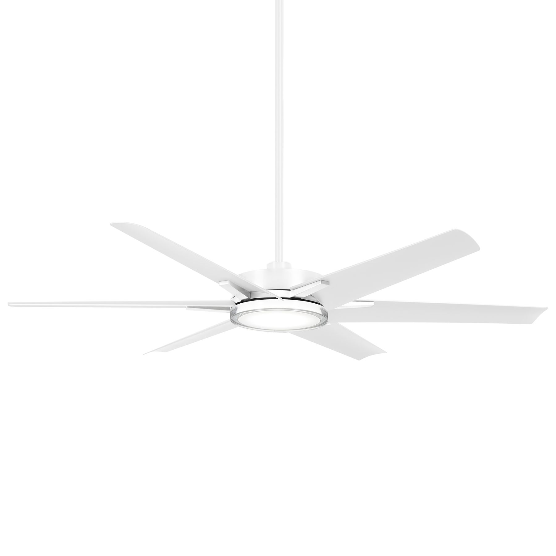 White ceiling fan with six blades and a light fixture.