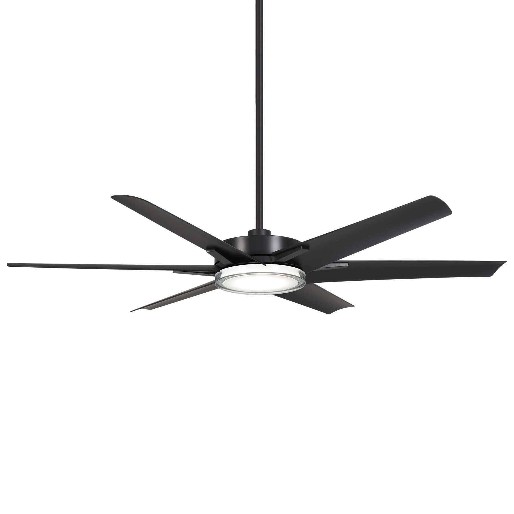 Black ceiling fan with six blades and a central light fixture.