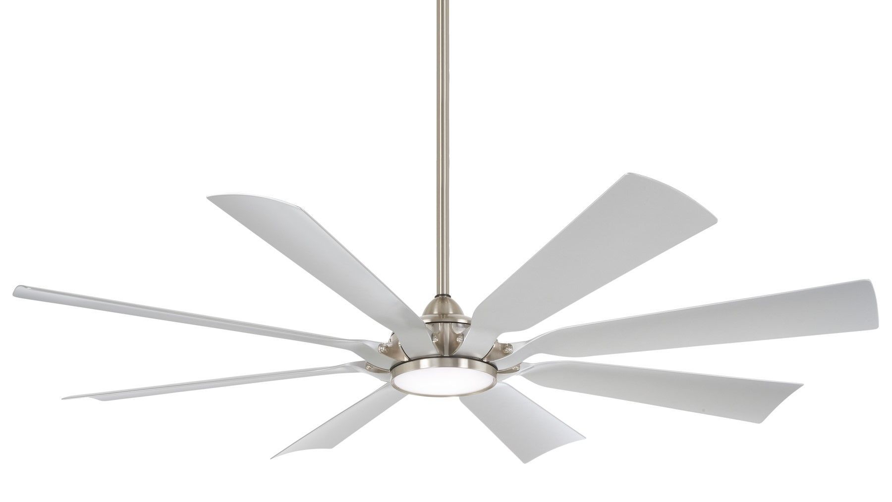 Large, silver ceiling fan with eight blades and a centered light fixture, hanging from the ceiling.